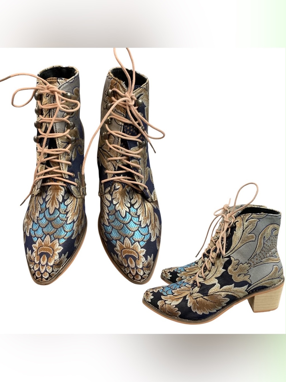 Embroidered Navy Floral Lace-Up Ankle Boots S42/10